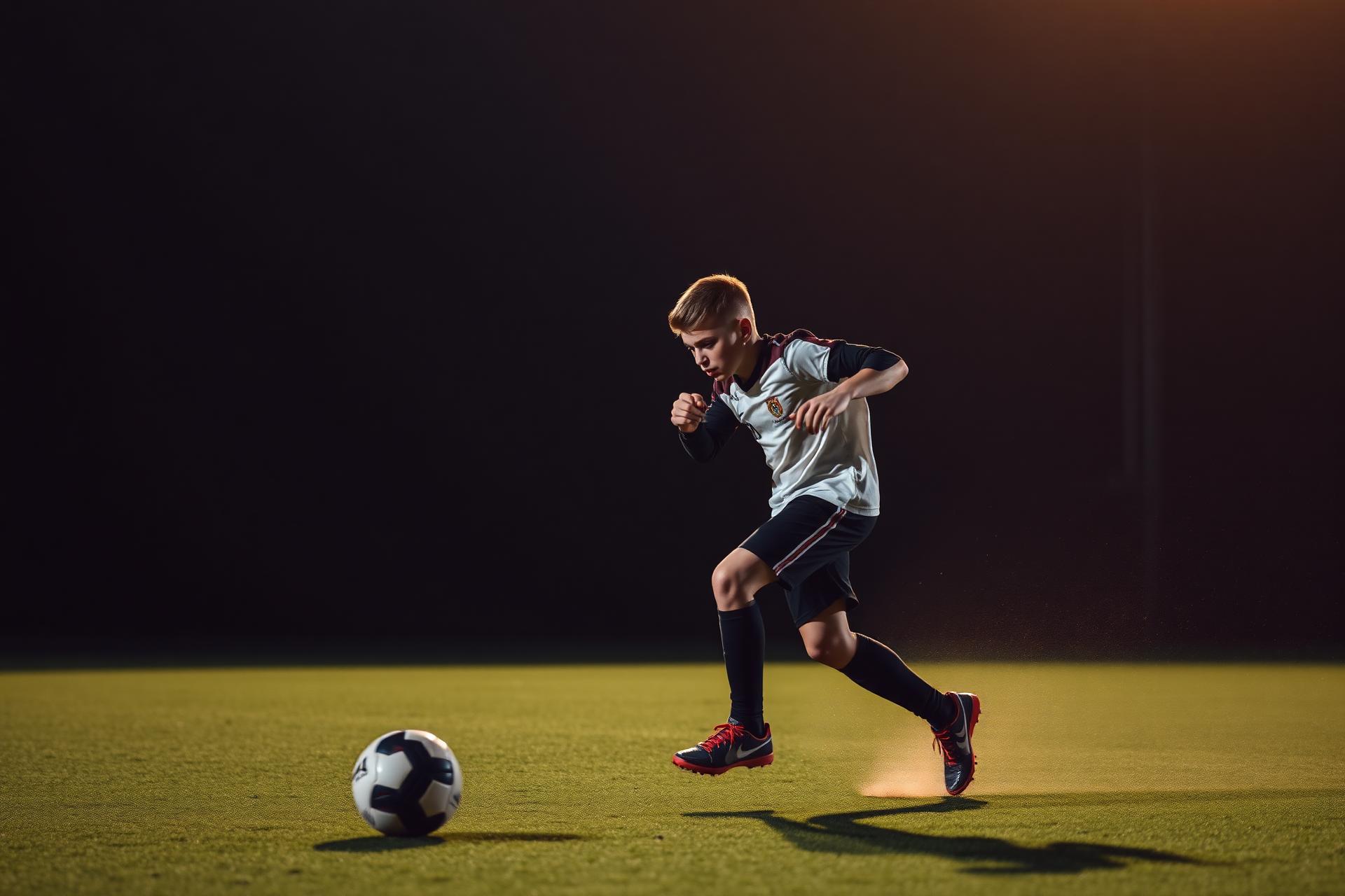 Young football player training